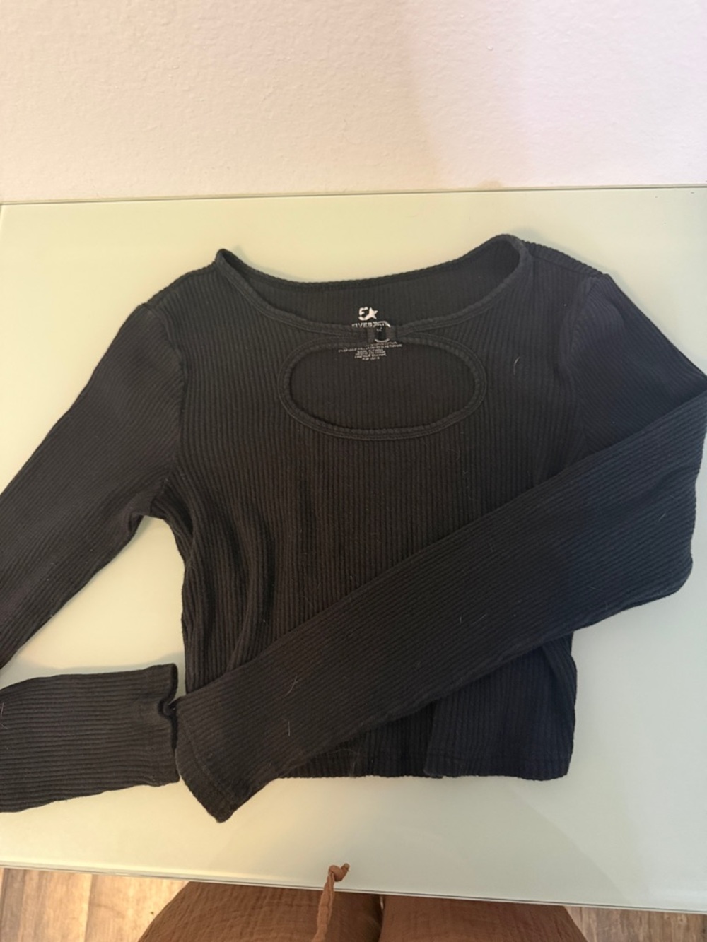 Fivestar Black Ribbed Long-Sleeve Top with Front Cutout